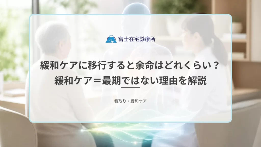 自宅の居間で高齢の療養者に家族が寄り添い、訪問診療の医師が穏やかに説明している緩和ケアの医療イメージ