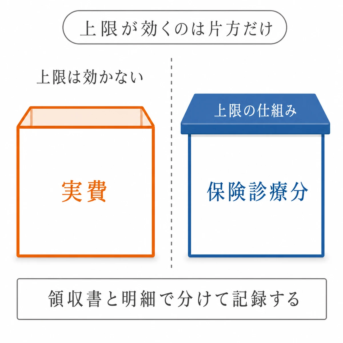 実費には負担上限が効かず、保険診療分にだけ上限の仕組みが働く違いを箱のふたで示した図