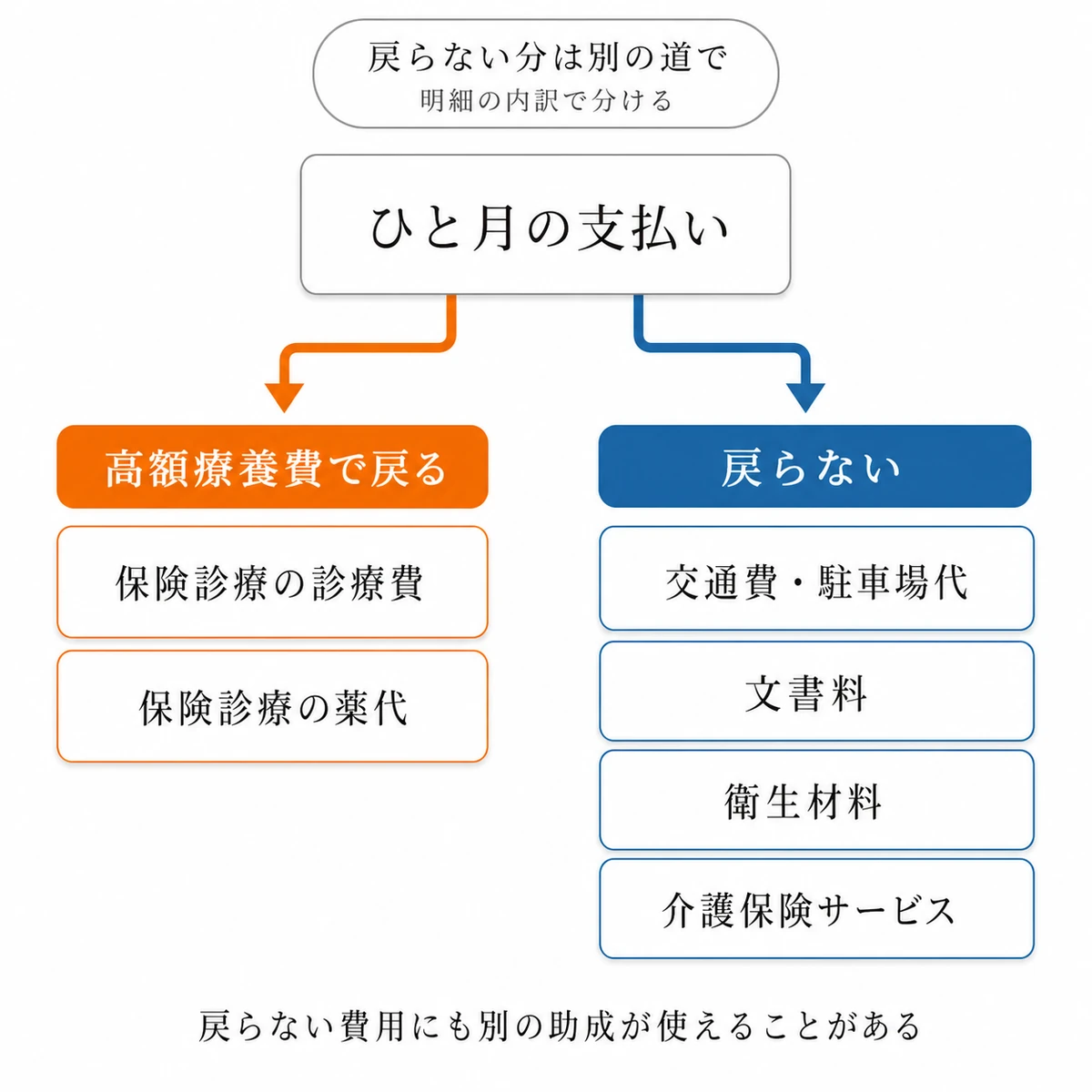 ひと月の支払いを高額療養費の対象と対象外に分け、別の助成の可能性を案内する図解