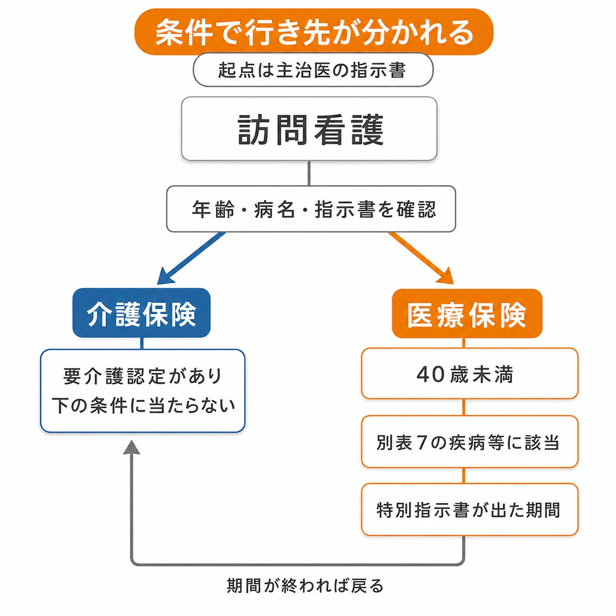 年齢・病名・主治医の指示書により、訪問看護が介護保険と医療保険に分かれる条件の図